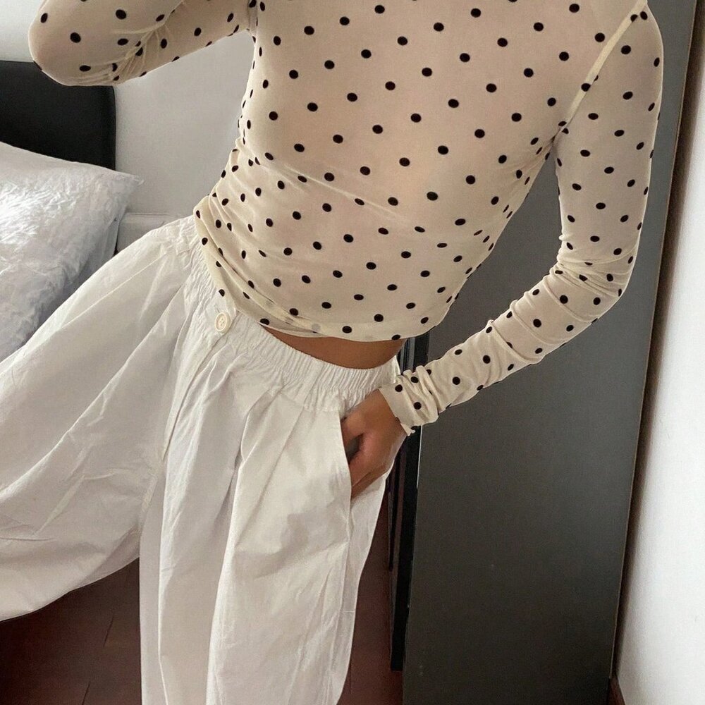 Beige Casual Women's Polka Dot Slim Fit Round Neck Long Sleeve Top - Picture 5 of 9